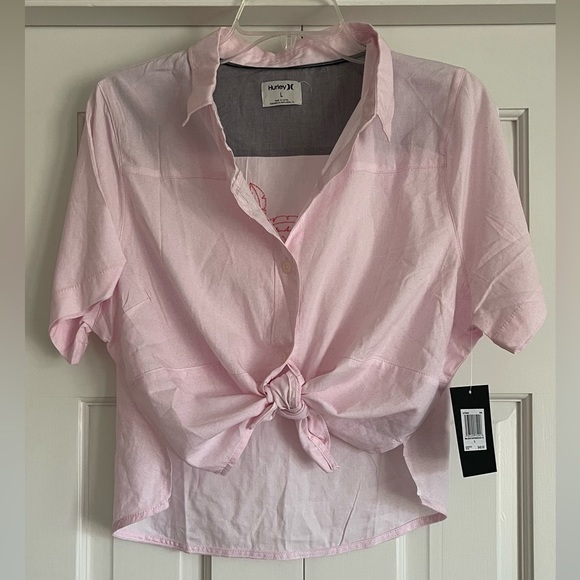 NWT Hurley Embroidered Beach Scene Pink Button Down Linen Shirt Size L - Picture 4 of 6